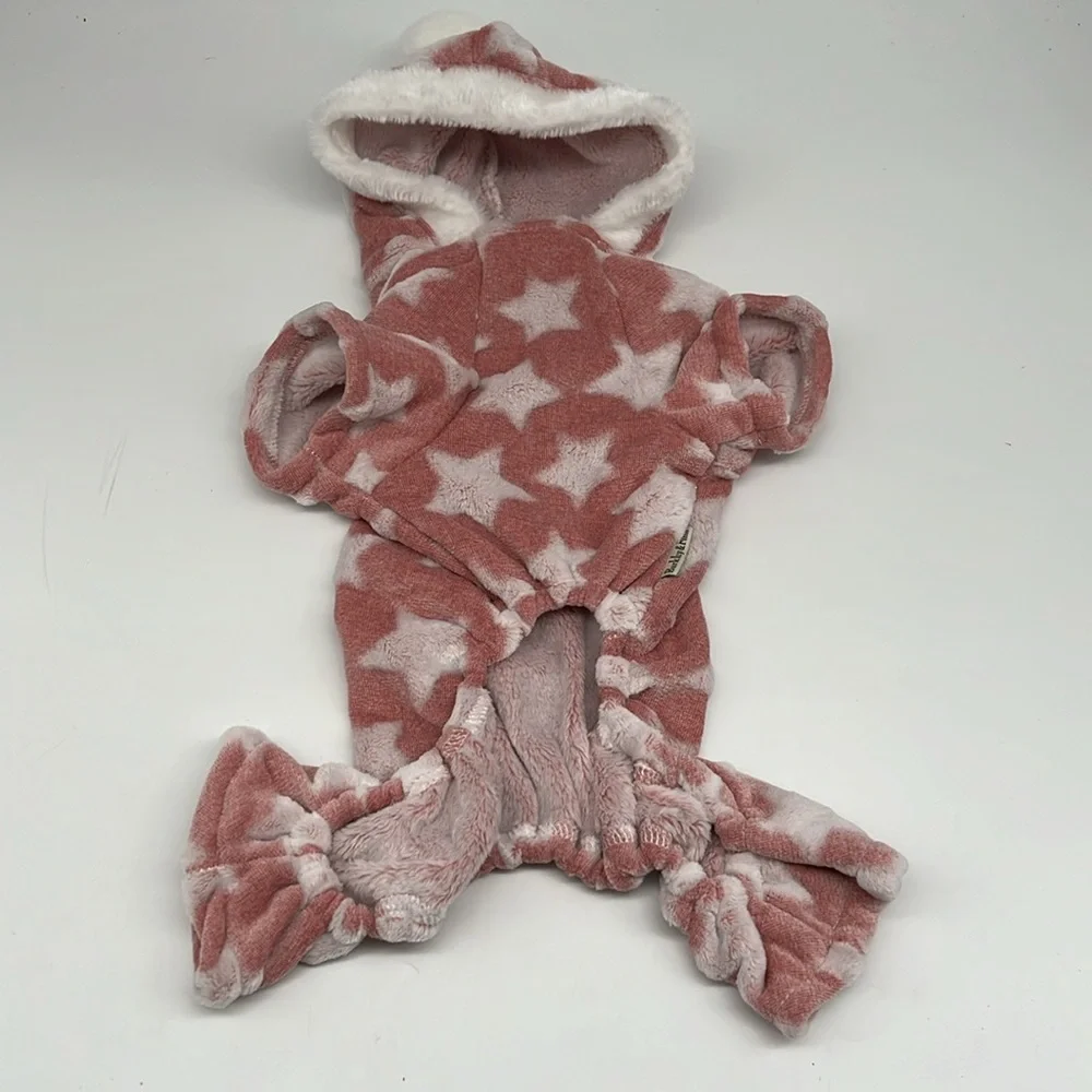 Barkley & Finn Soft Fuzzy Fleece Hooded Dog Pajamas Pink with Stars PomPom Small